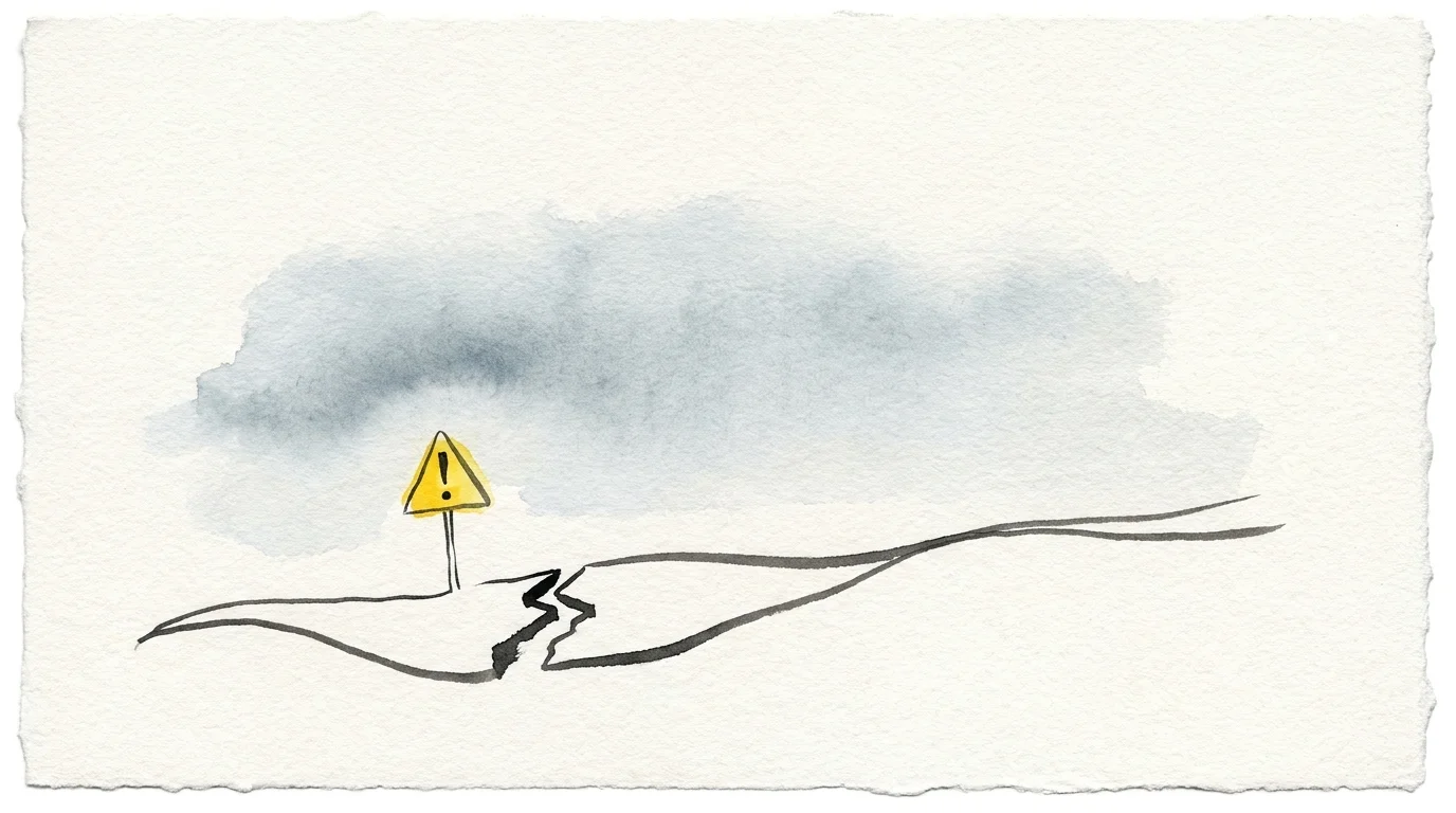 A minimalist watercolor illustration of a walking path with a small gap and a caution sign, symbolizing health pitfalls.