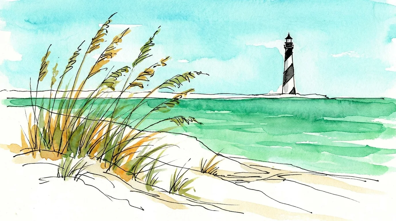 A minimalist watercolor of white sand dunes and the Gulf of Mexico in Pensacola, Florida.