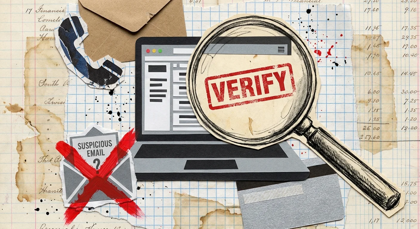 A mixed-media collage showing a magnifying glass over a laptop with a 'Verify' stamp to represent scam protection.