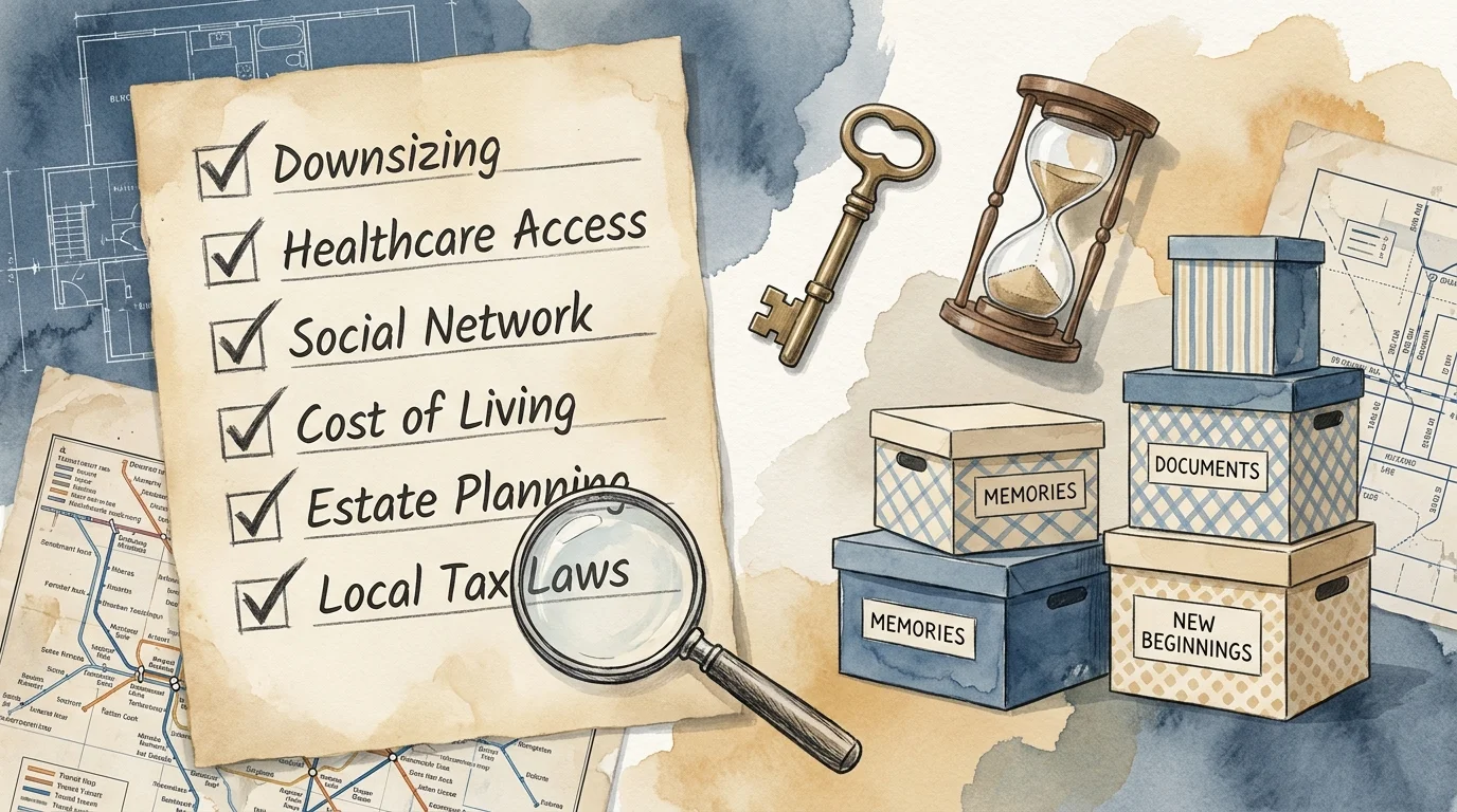 A mixed media collage with a checklist, keys, and an hourglass, symbolizing the careful planning needed for a retirement move.