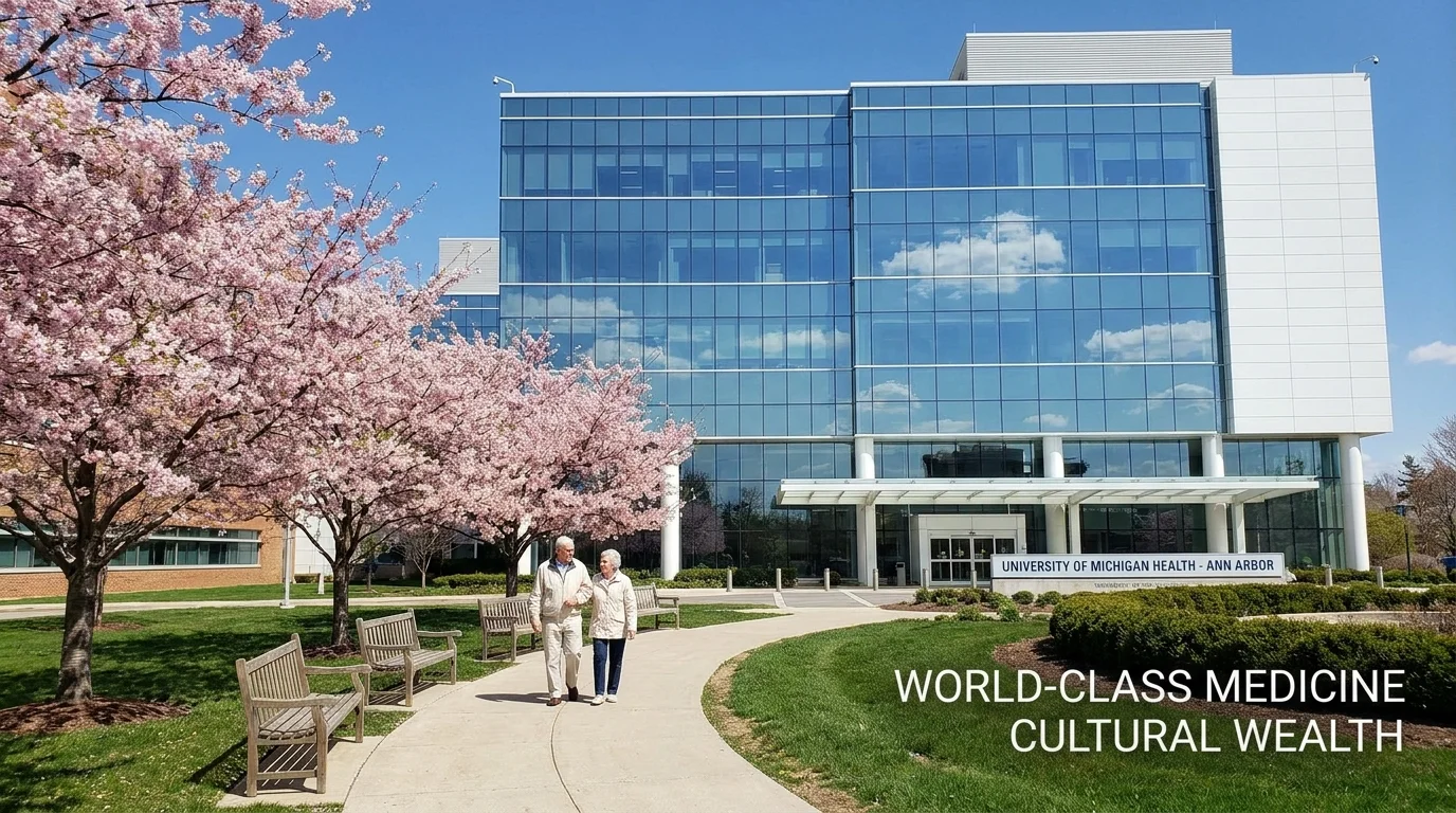A modern medical facility in Ann Arbor surrounded by blooming trees and accessible walking paths.