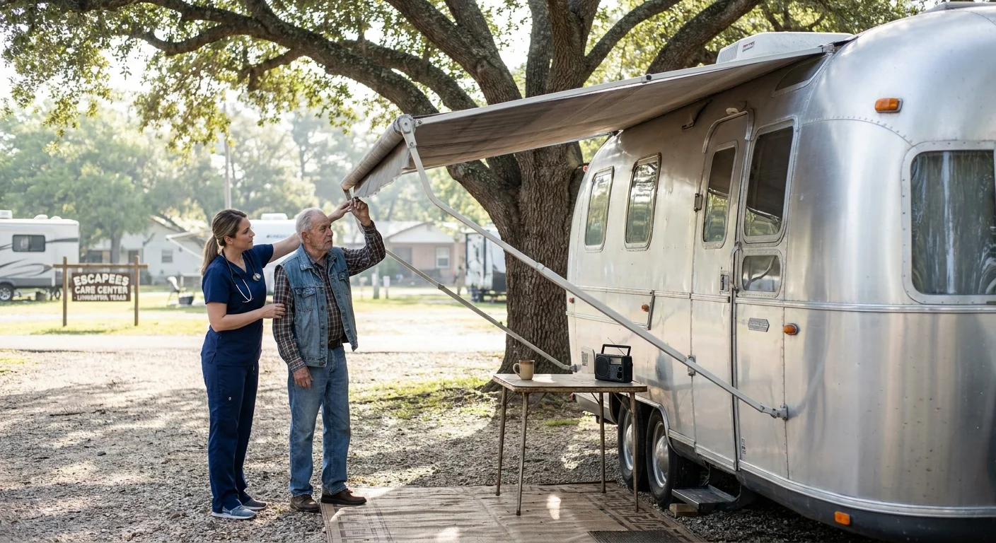 A nurse helps a senior resident with his RV awning at the Escapees CARE Center in Livingston, Texas.