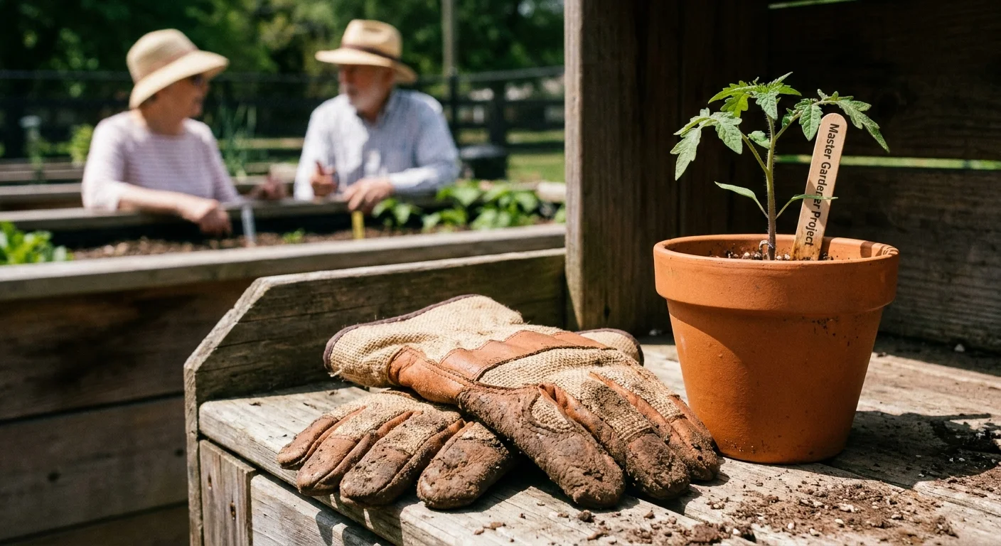 A pair of used gardening gloves and a small plant on a bench, with seniors gardening in the background.