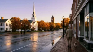A peaceful small town main street at sunrise with autumn trees and a person walking a dog on a brick sidewalk.