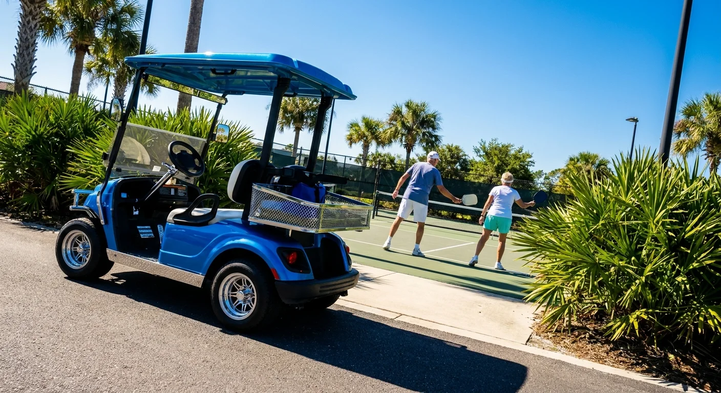 A personalized golf cart parked by a pickleball court in the bright Florida sun.