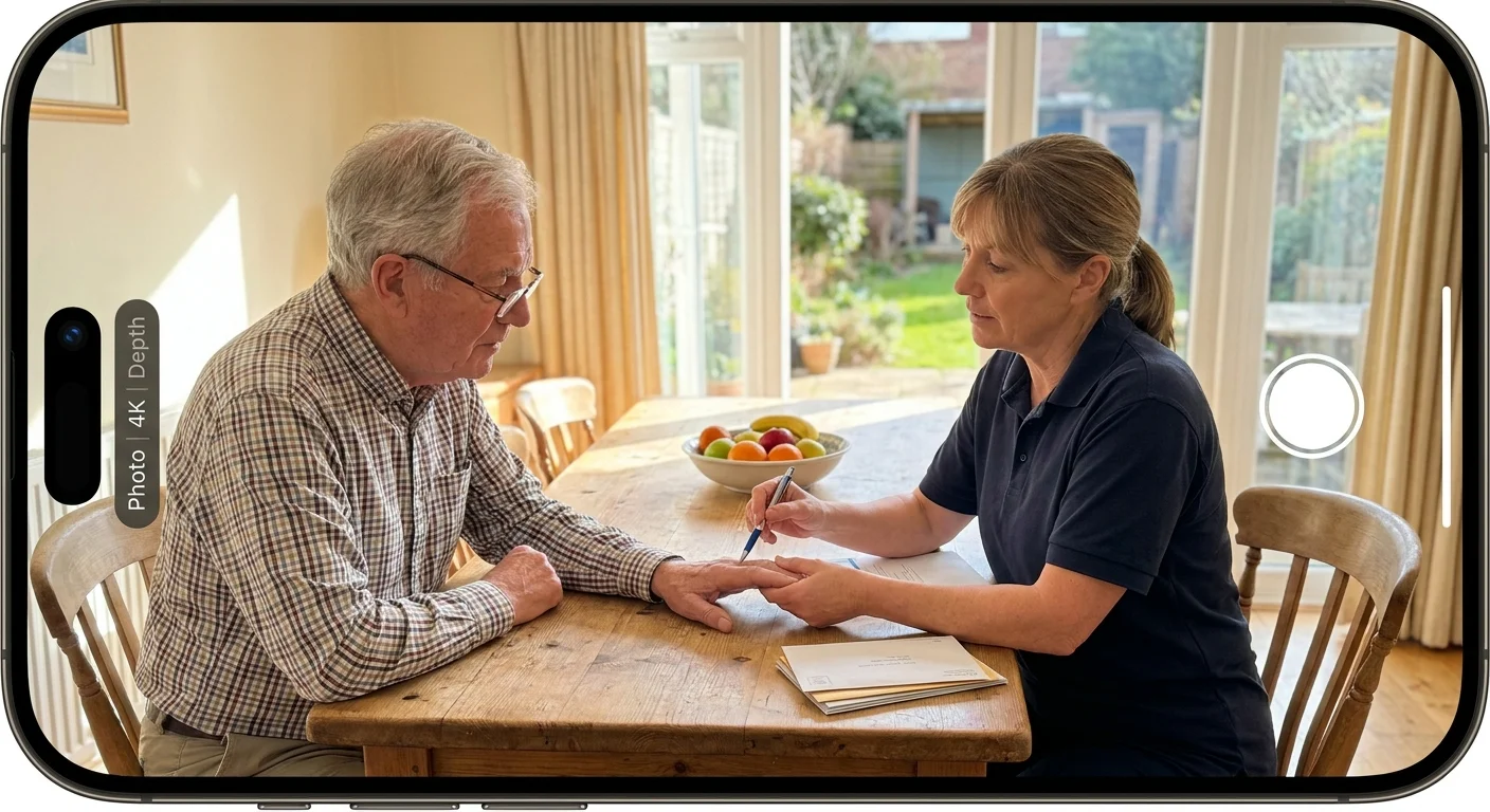 A physical therapist in a navy polo shirt examining a senior man's hand during a home consultation.
