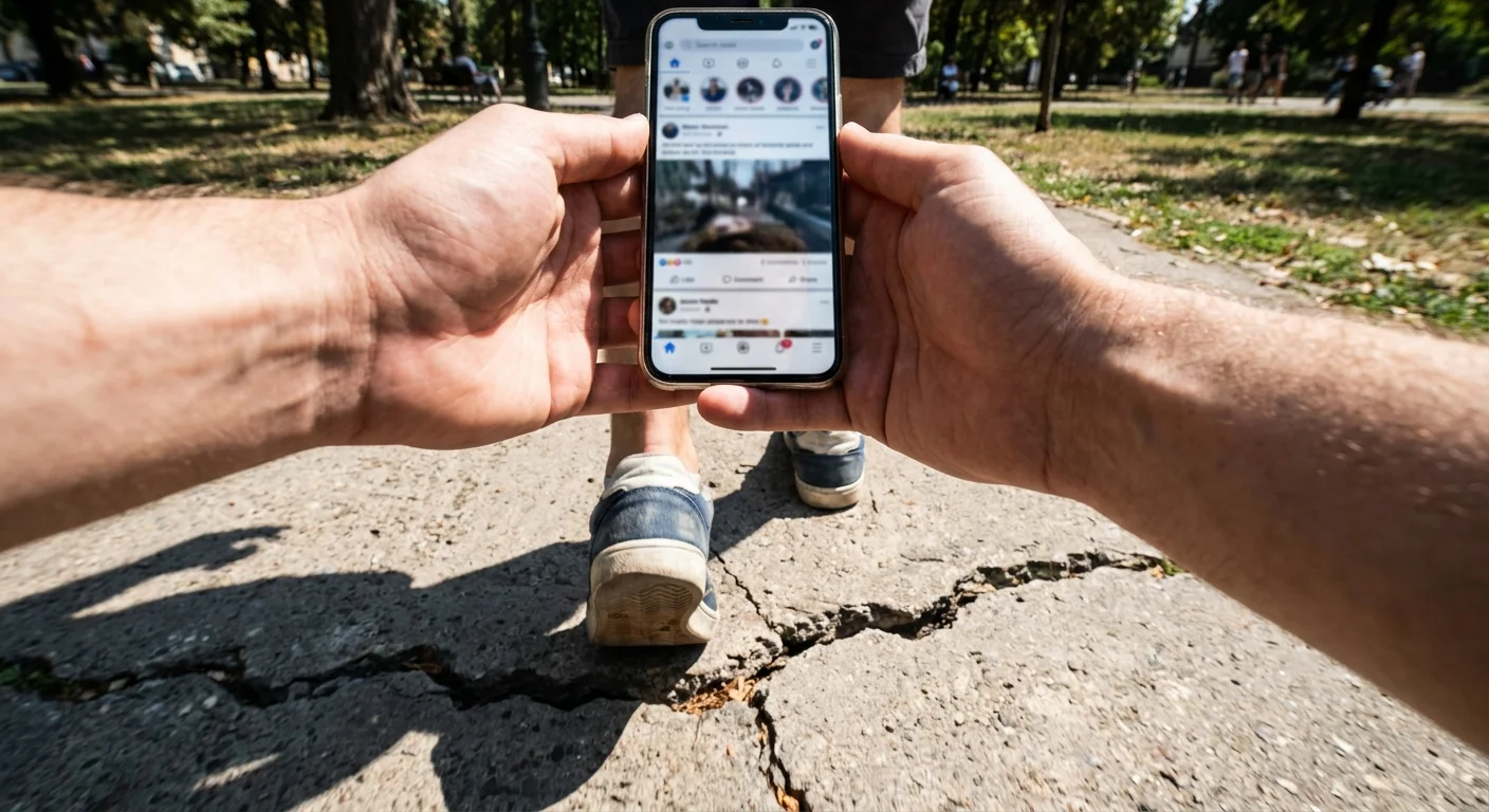 A POV photo of a person looking at a phone while walking toward a large crack in the sidewalk.