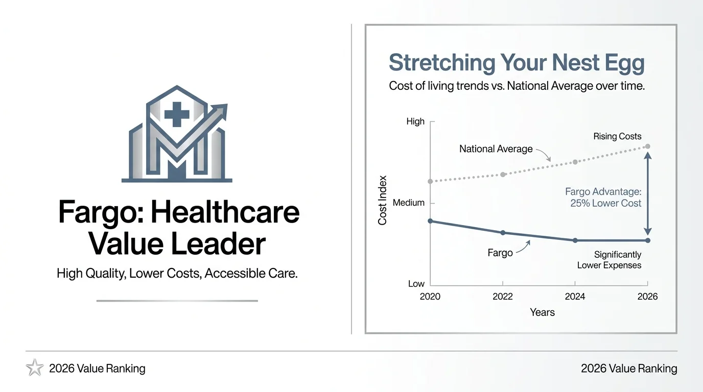 A professional infographic showing Fargo's healthcare leadership and lower-than-average cost of living.