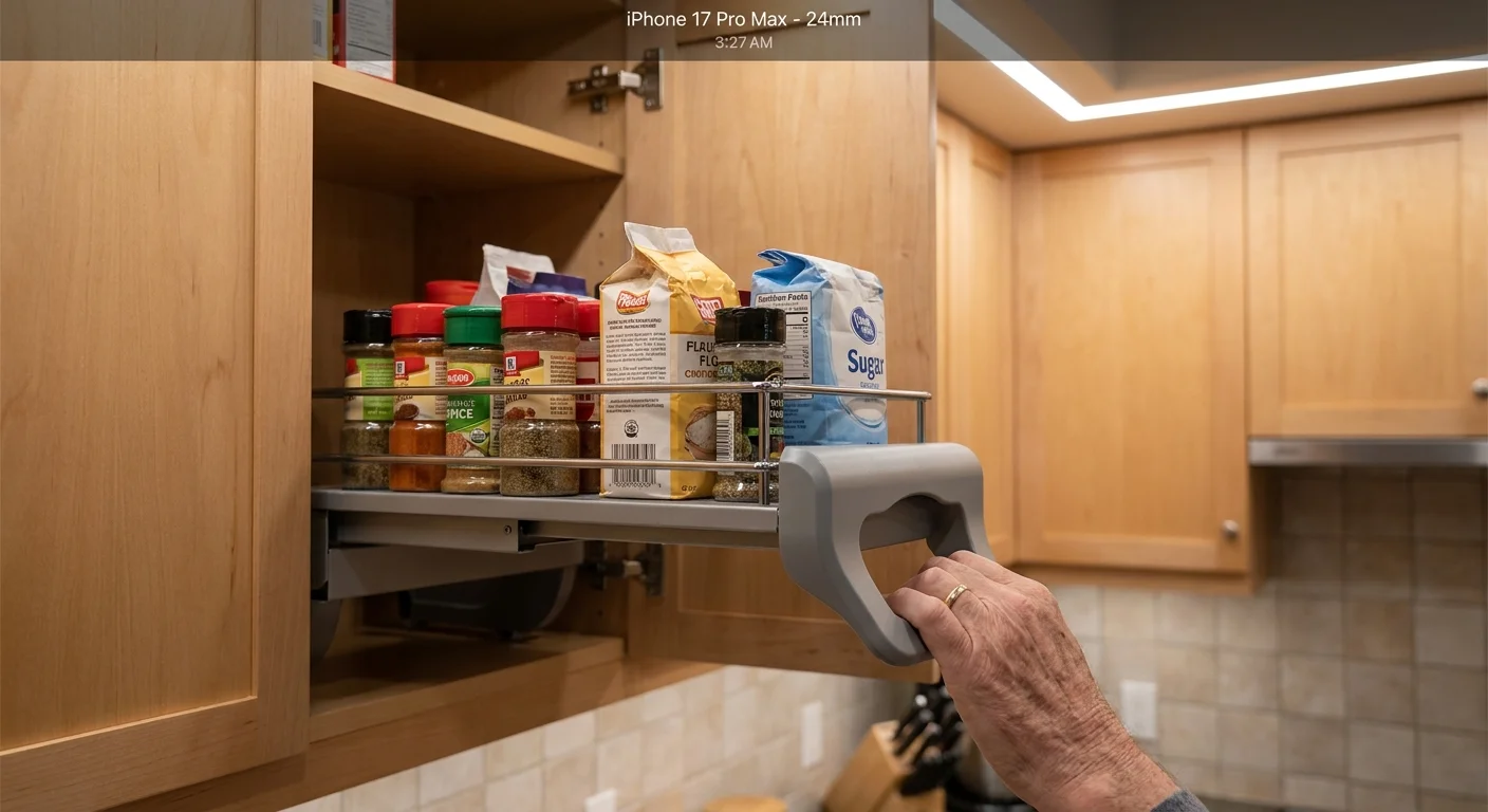 A pull-down kitchen cabinet shelf lowered to chest height, making items easy to reach.