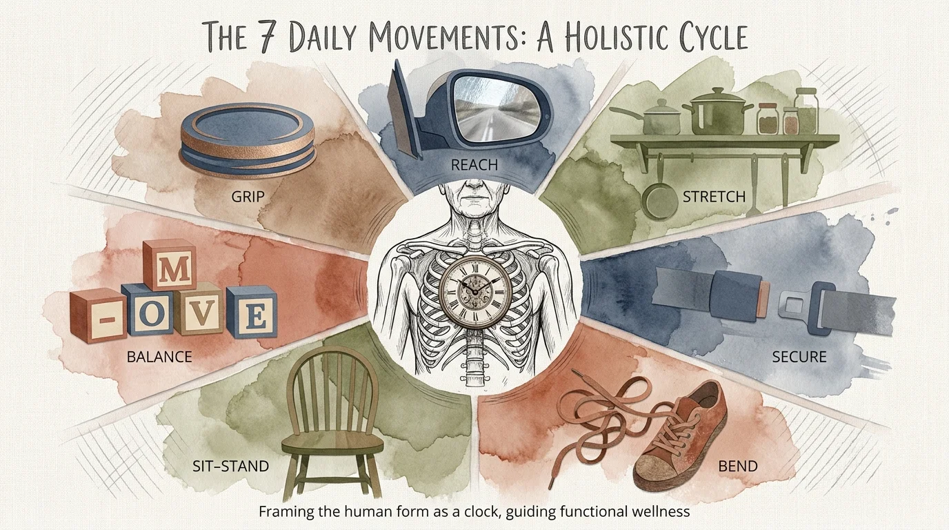 A radial collage showing symbols of daily life—like car mirrors and jars—representing seven key areas of senior mobility.