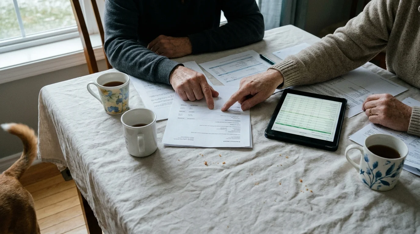 A realistic photo of a professional advisor and a retiree reviewing documents at a kitchen table, surrounded by tea and paperwork.