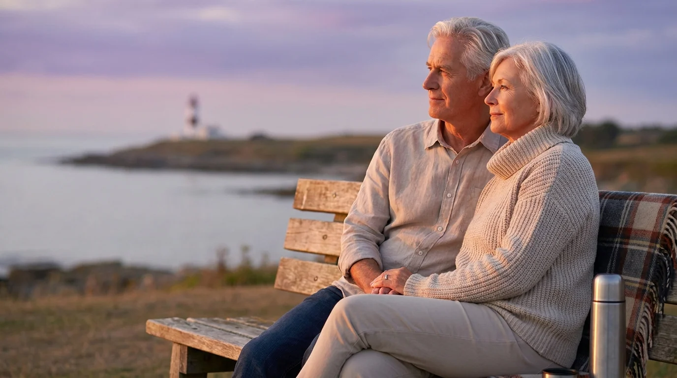 A retired couple sits peacefully on a bench overlooking a calm sea at sunset, representing a stress-free lifestyle.