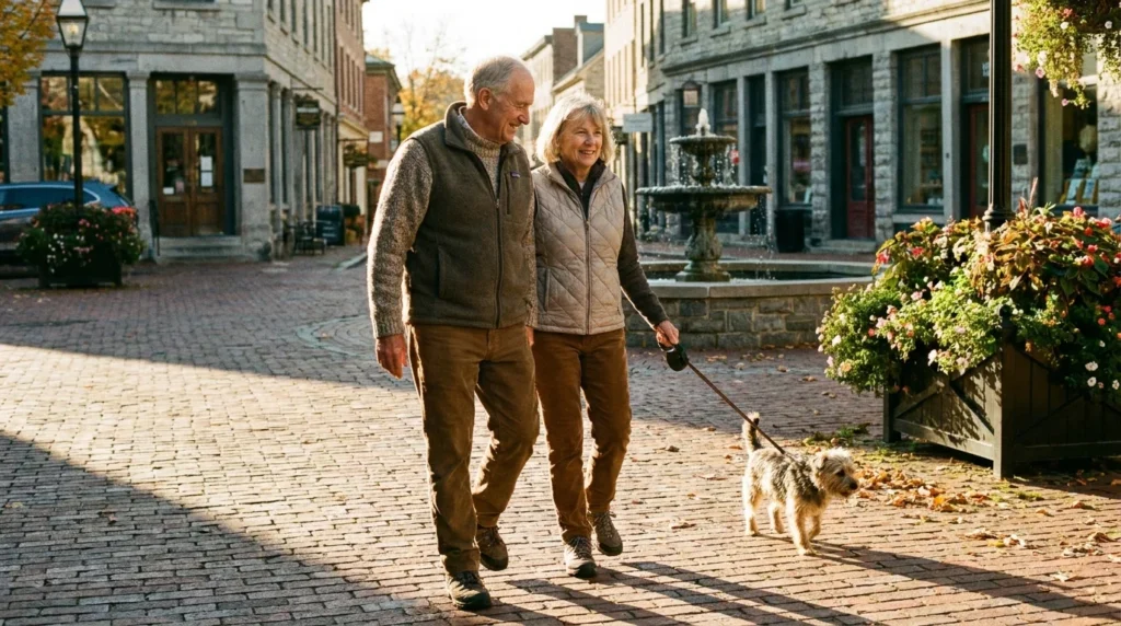 A retired couple walks their dog through a charming, historic town square during a warm, golden sunset.