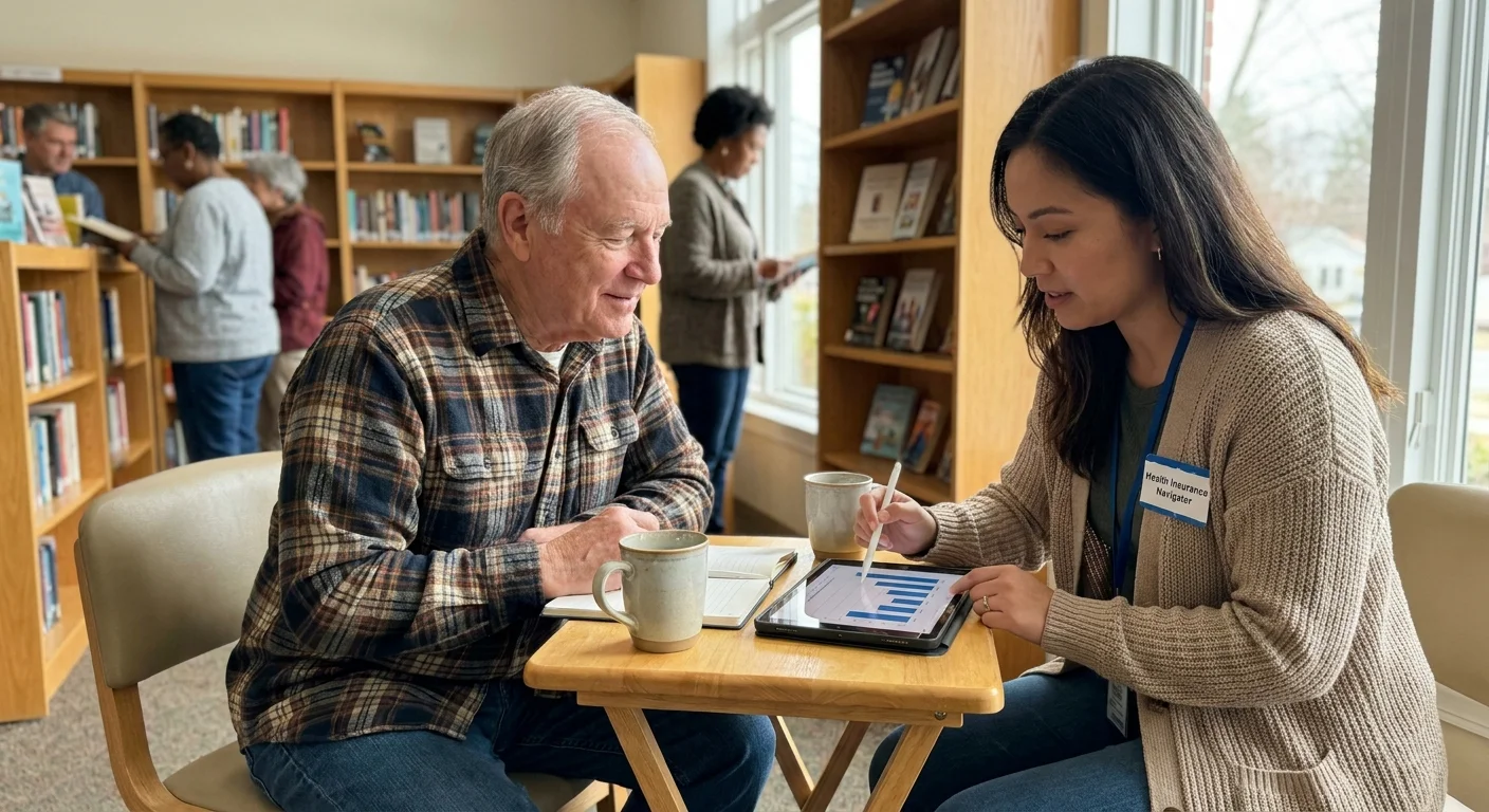 A retiree consulting with a health insurance navigator in a casual, friendly setting like a library.