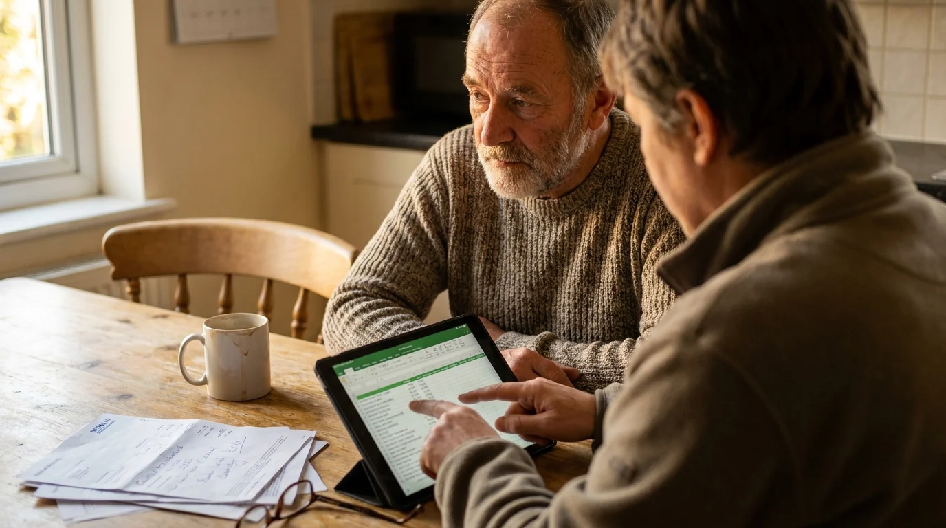 A retiree consults with a professional over paperwork at a kitchen table, shown in a warm and natural setting.