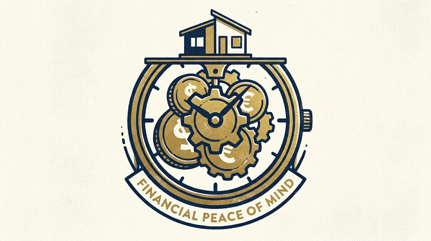 A screenprint-style illustration of a clock mechanism made of gold coins, symbolizing automated financial security.