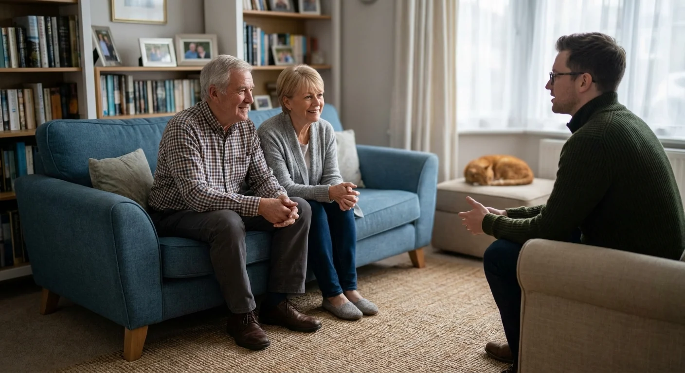 A senior couple having a relaxed, comfortable meeting with a financial advisor in their living room.