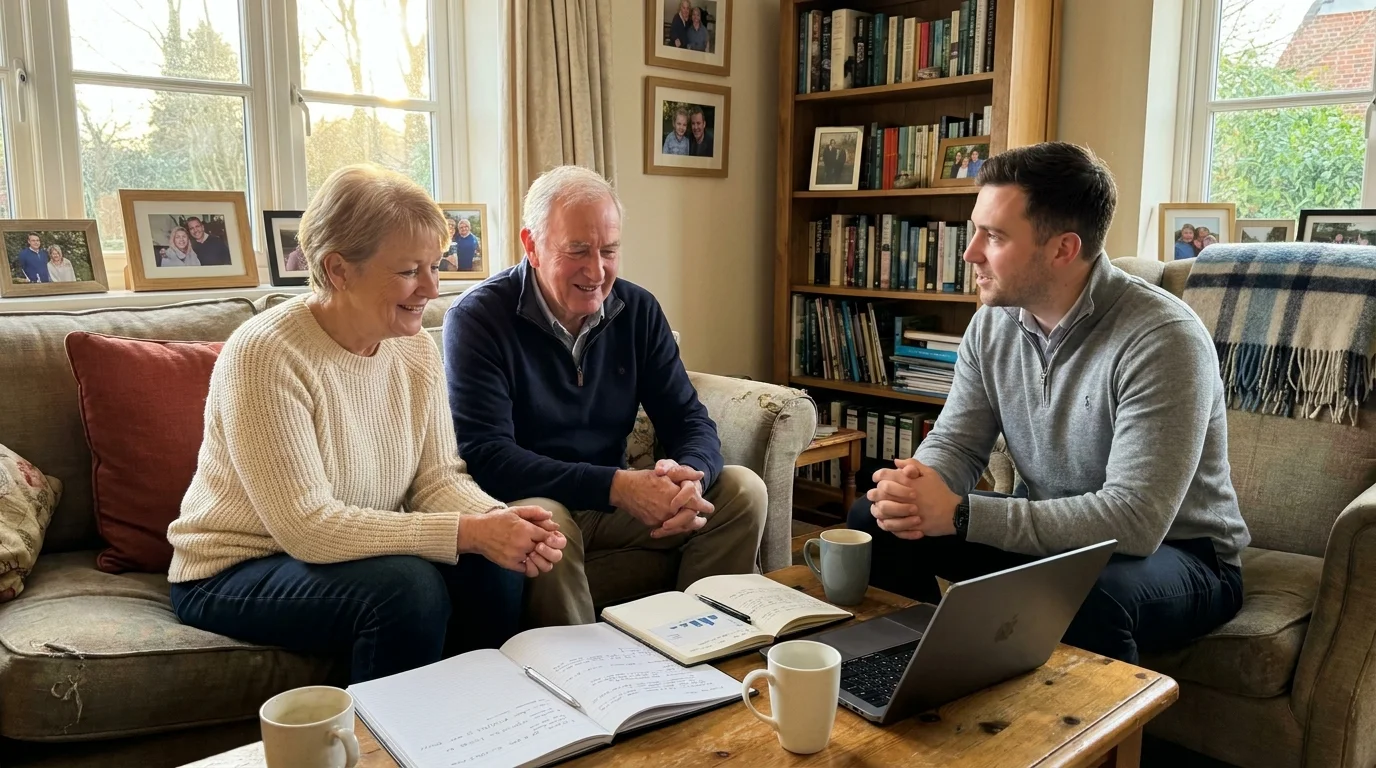 A senior couple in their living room talking with a professional advisor in a comfortable, domestic setting.