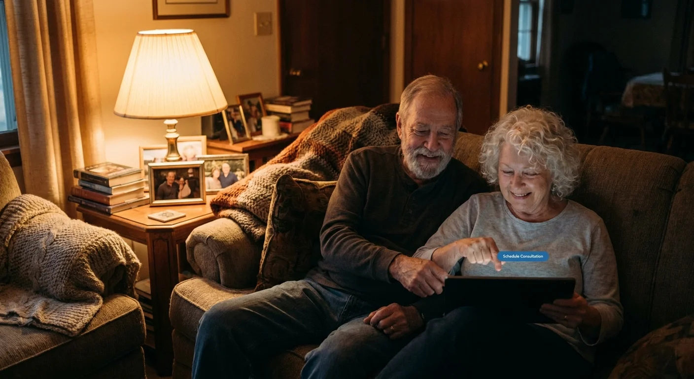 A senior couple sitting together on a sofa, looking at a tablet and deciding to seek professional advice.