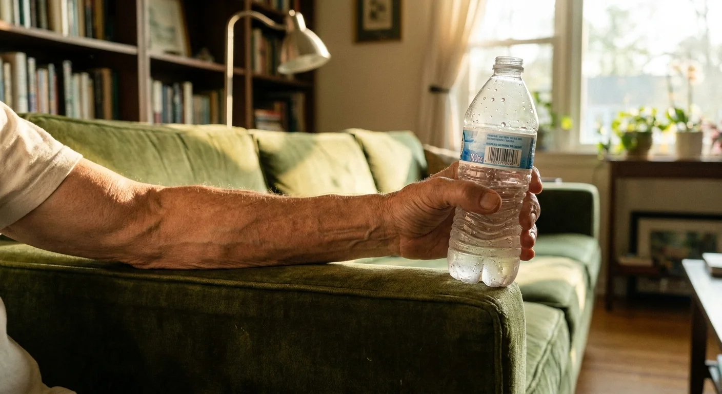 A senior holding a water bottle and performing a wrist curl while seated on a sofa.