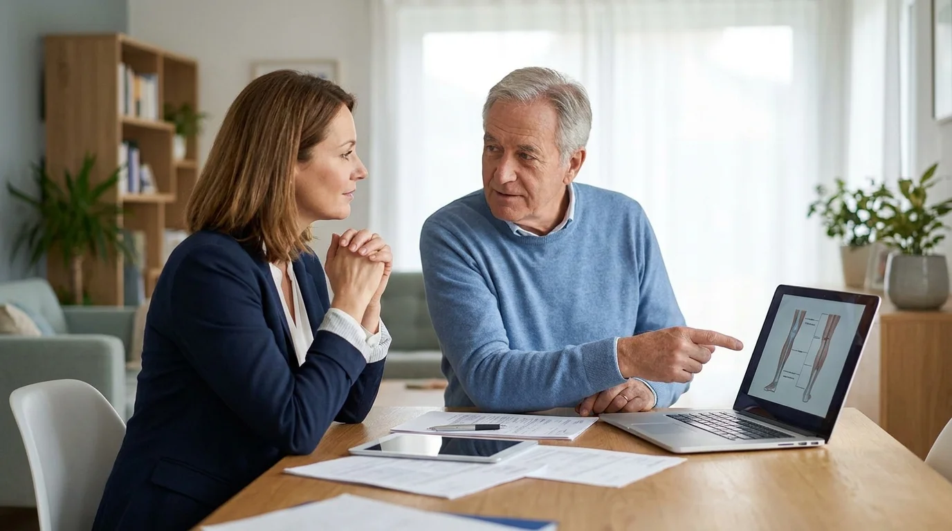 A senior man and a physical therapist discuss a health plan at a kitchen table during a home visit.