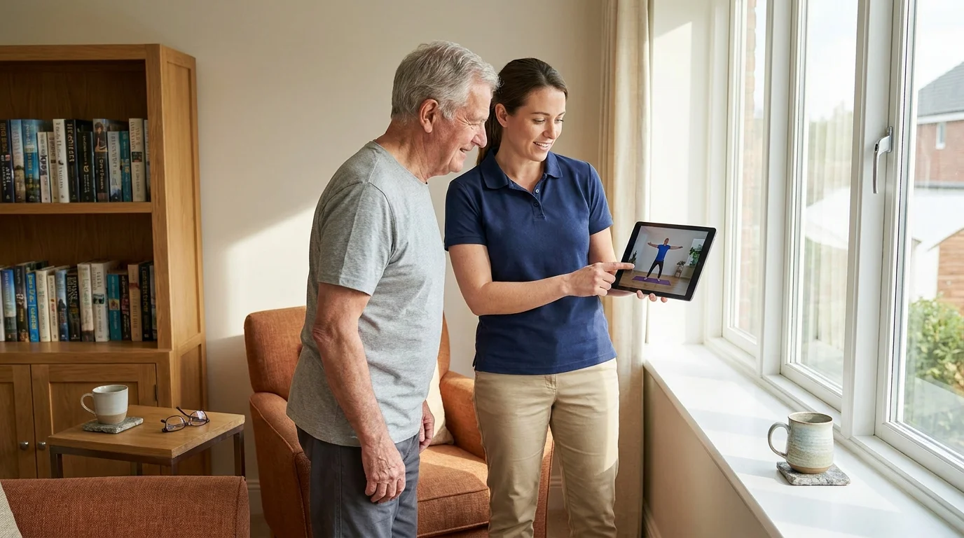 A senior man and a physical therapist looking at a tablet together in a comfortable home setting.
