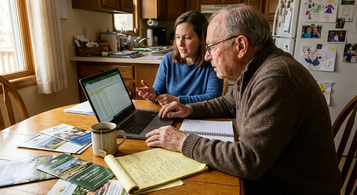 A senior man and his daughter review financial documents and retirement brochures at a kitchen table.