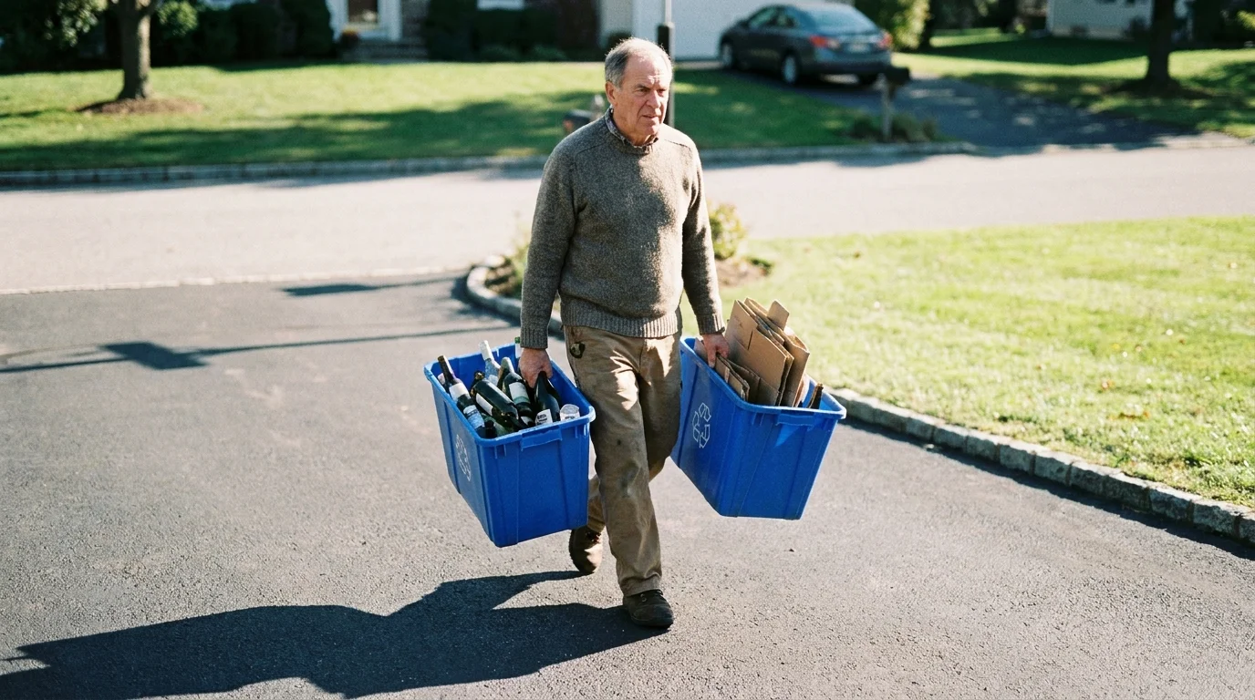 A senior man carries two heavy blue recycling bins down his driveway in the morning sun.