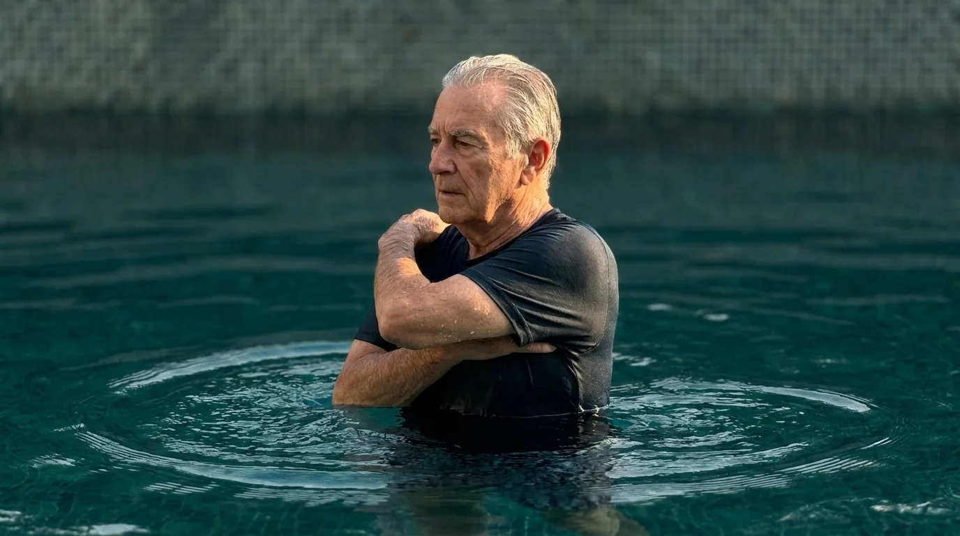 A senior man chest-deep in a pool, twisting his torso for a core exercise.