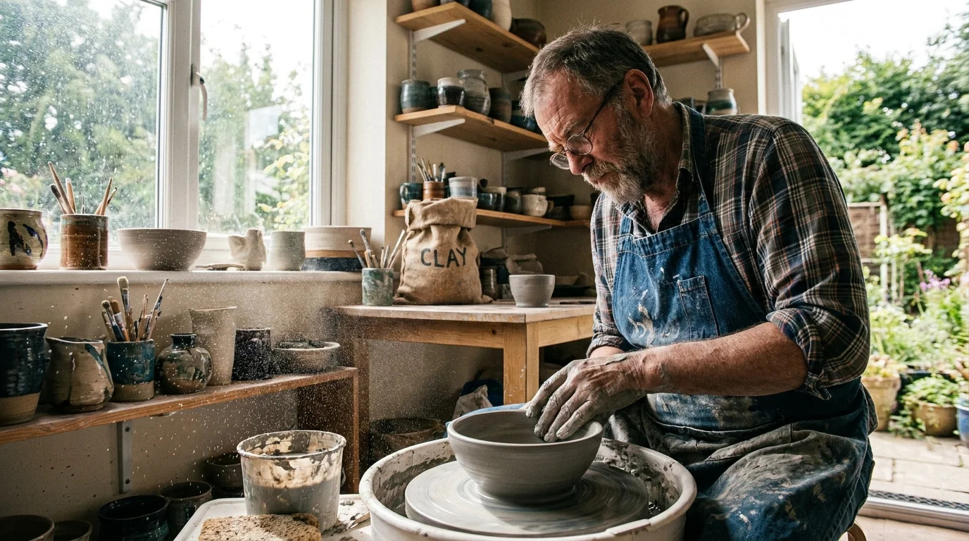 A senior man deeply focused on shaping clay at a pottery wheel in a bright, authentic home studio.