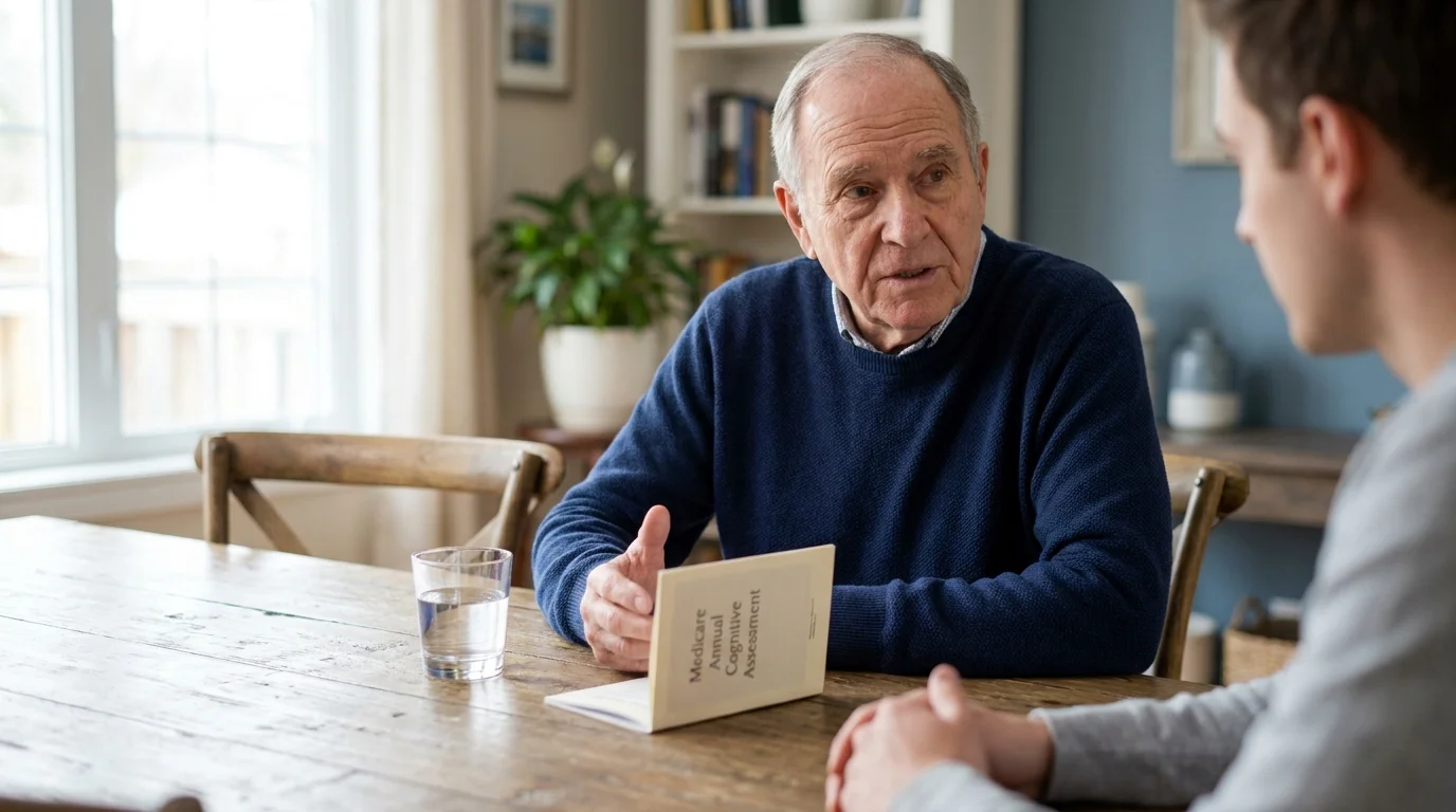 A senior man discusses a Medicare cognitive assessment booklet with a professional in a comfortable home setting.