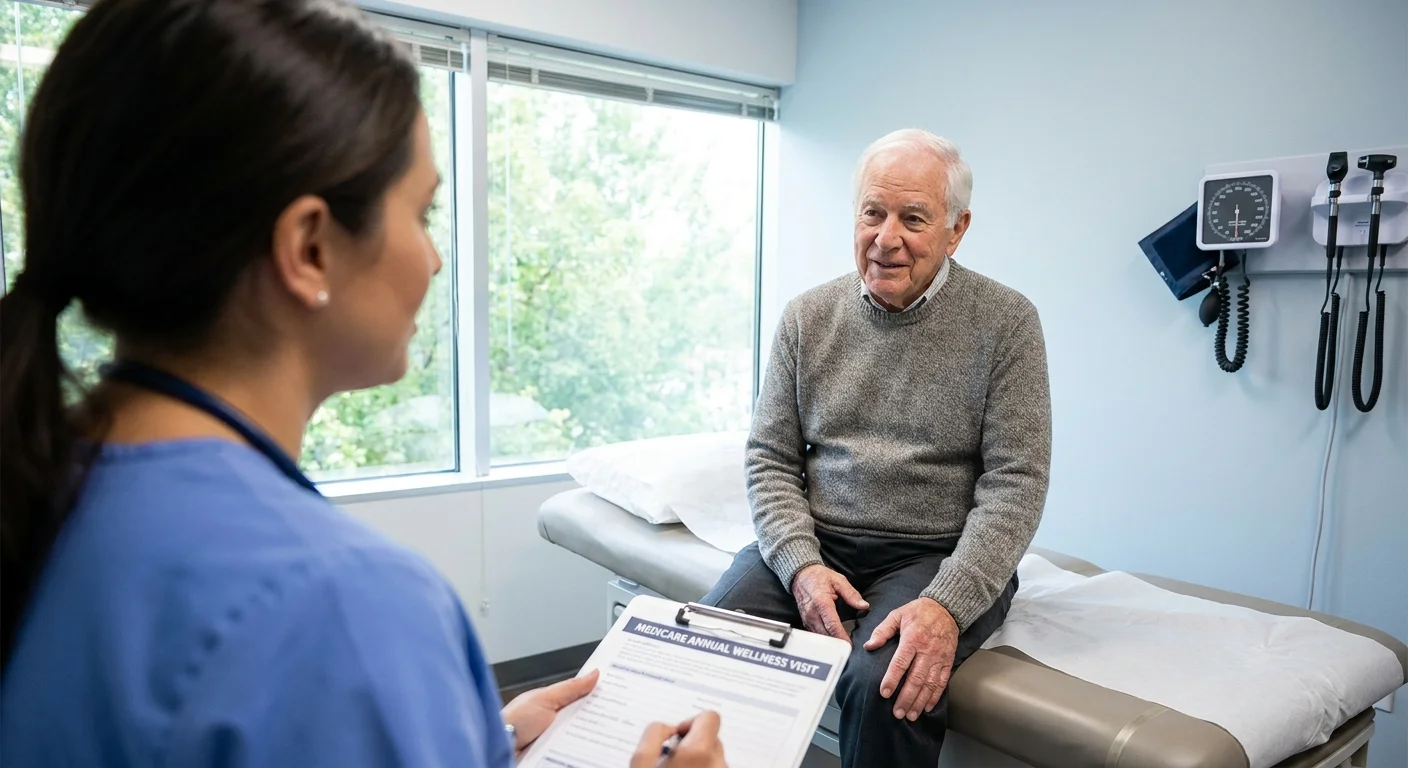 A senior man discussing his Medicare Annual Wellness Visit with a doctor in a medical office.