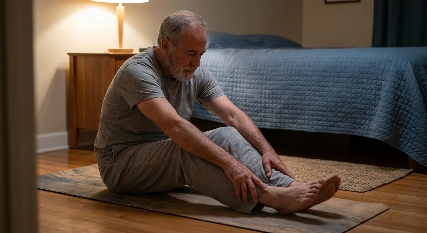A senior man in a bedroom reaching toward his shins in a seated forward bend pose.