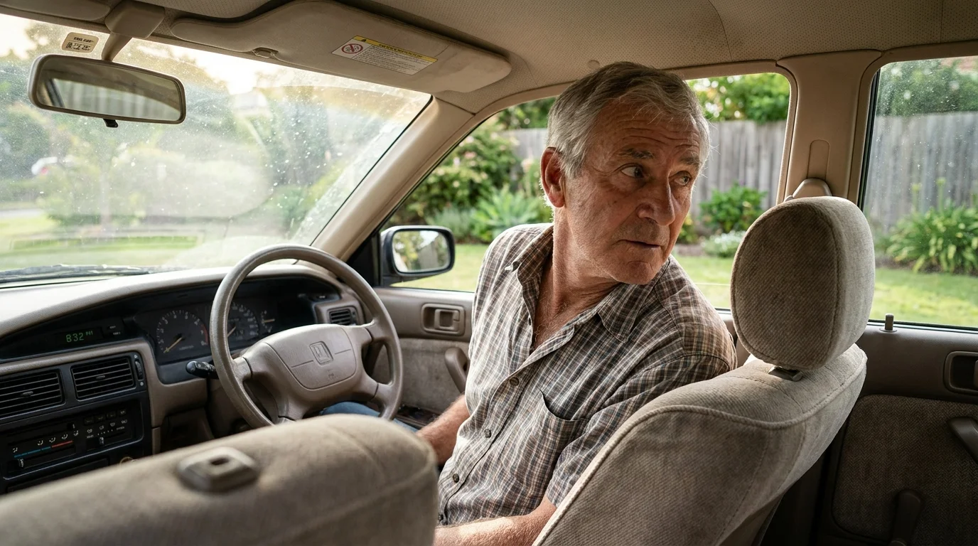 A senior man in a car practicing a neck rotation stretch while looking over his shoulder in the driver's seat.