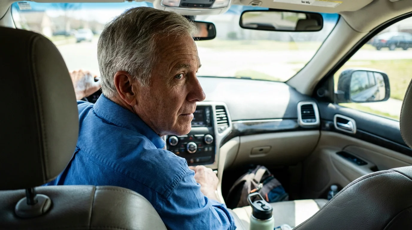 A senior man looking over his shoulder while sitting in his car, demonstrating the practical benefit of neck mobility for driving.