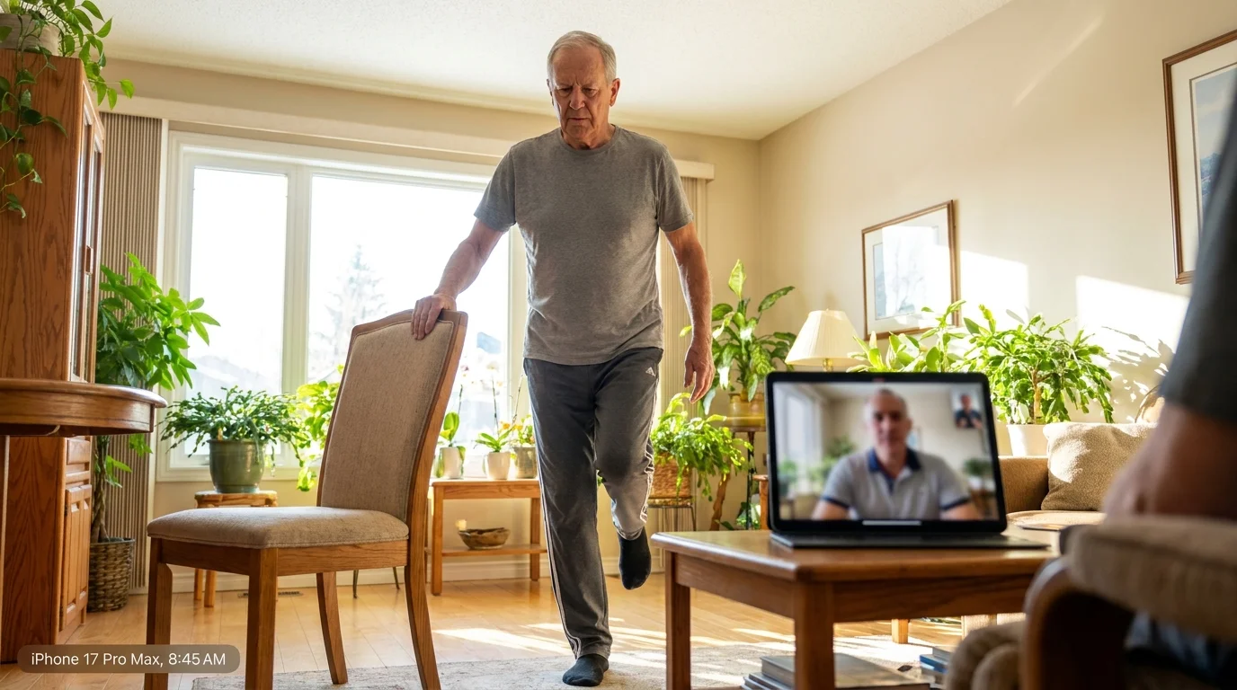 A senior man performing a balance exercise at home while using a chair for support.
