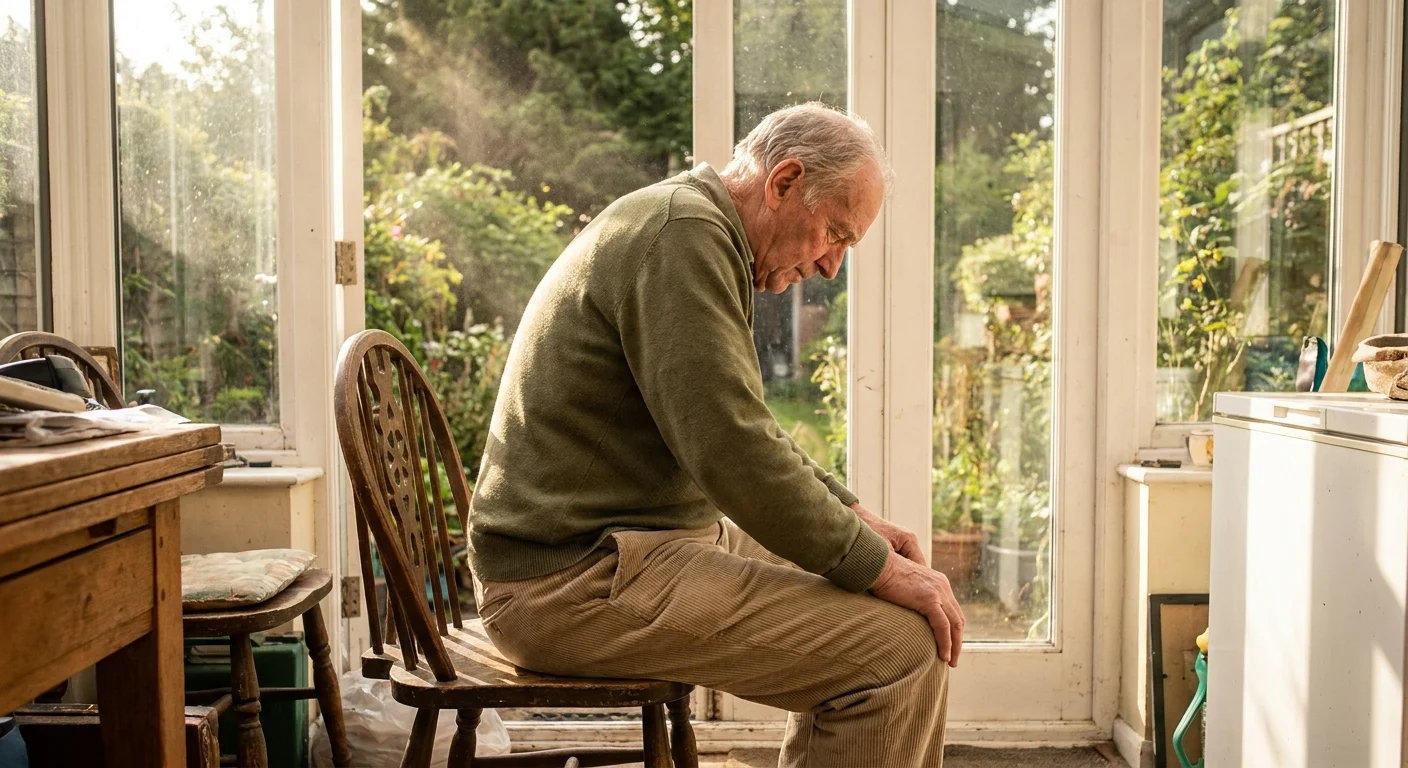 A senior man performing a seated cat-cow stretch on a chair in a bright sunroom.