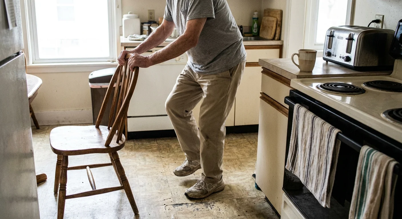 A senior man practices a single-leg stand in his kitchen, using a wooden chair for support.