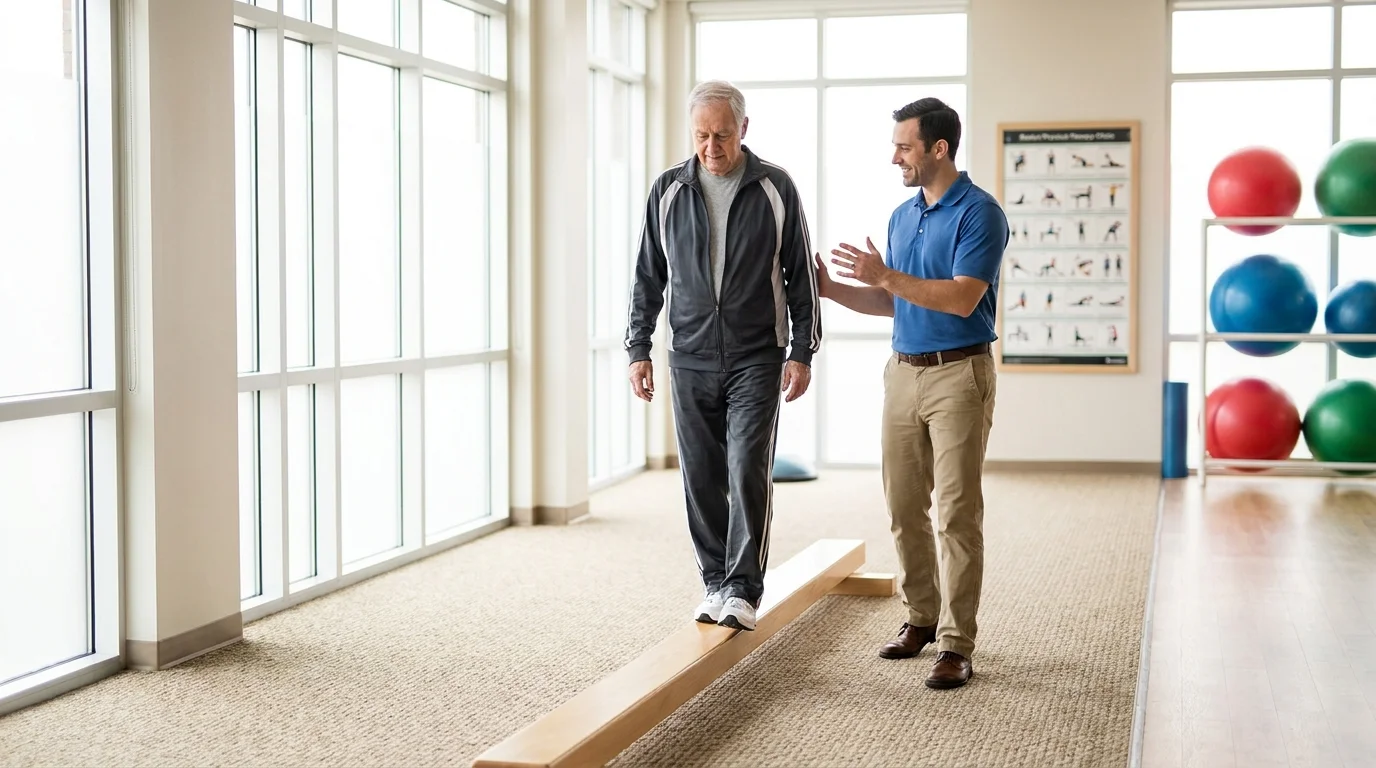 A senior man practices balance on a beam under the watchful eye of a physical therapist in a bright clinic.