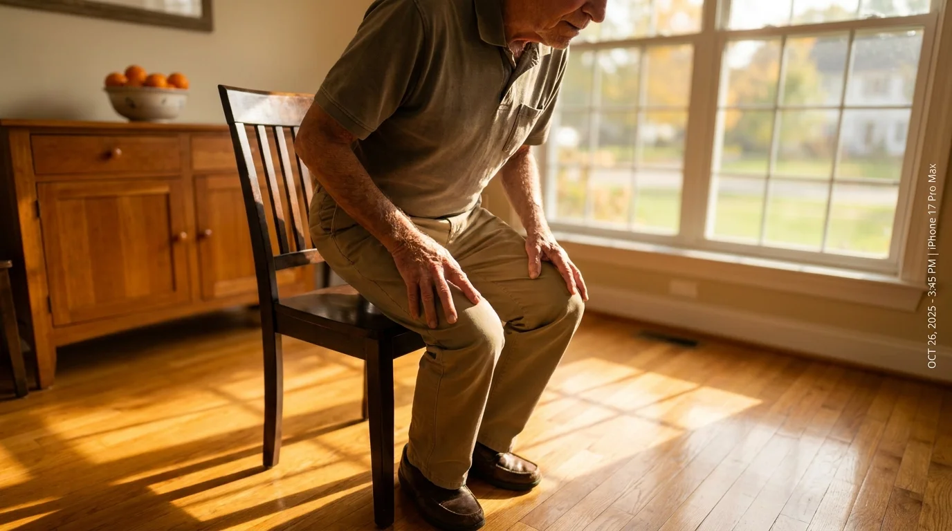 A senior man practicing a chair stand exercise in a sunlit dining room, using leg strength to rise.