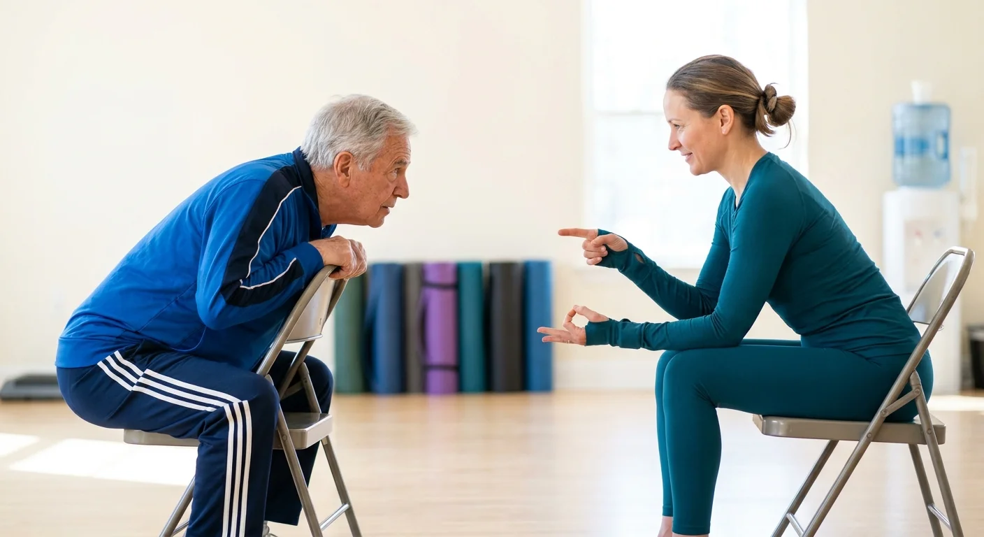 A senior man receiving guidance from a yoga instructor in a bright community center setting.