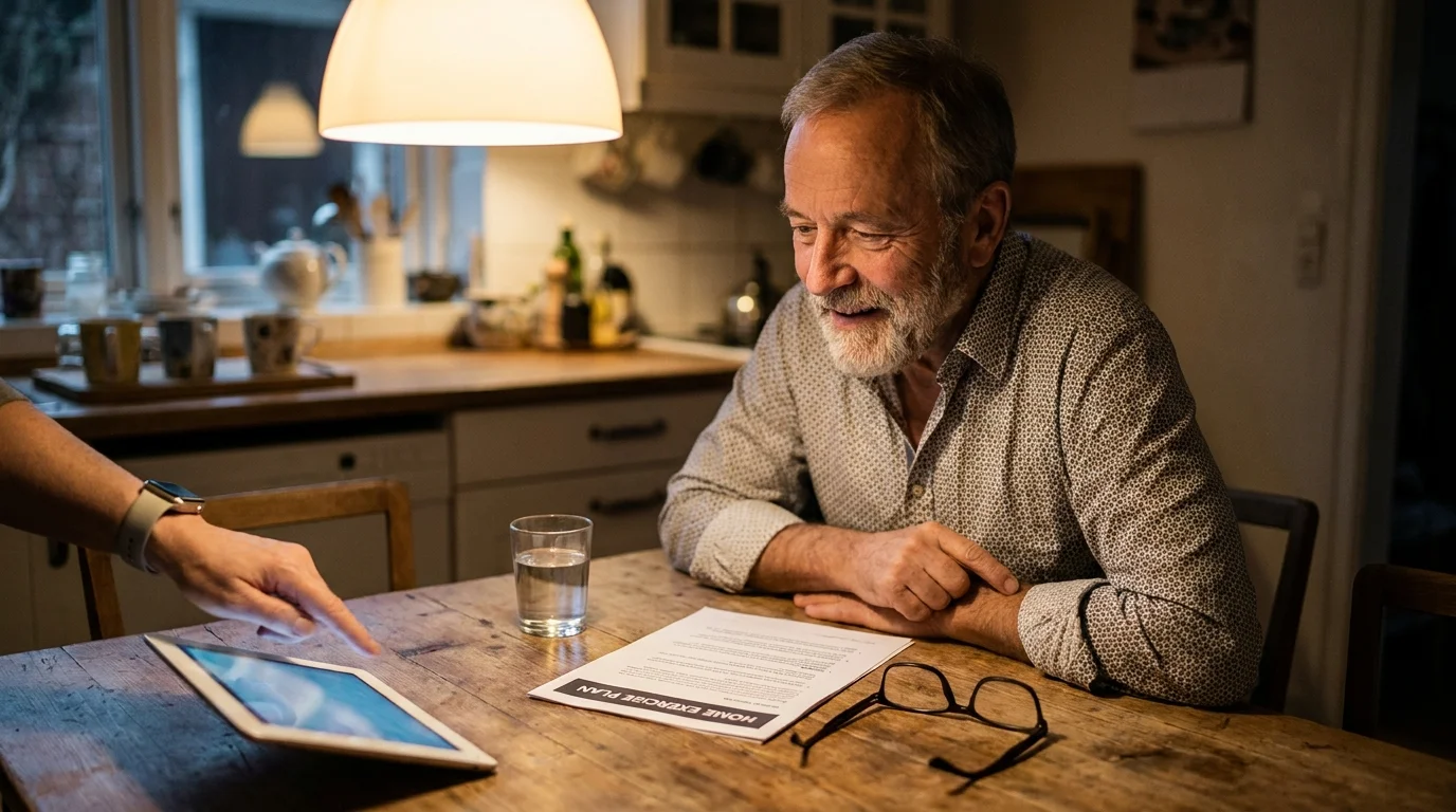 A senior man reviews a home exercise plan at his kitchen table during a consultation.