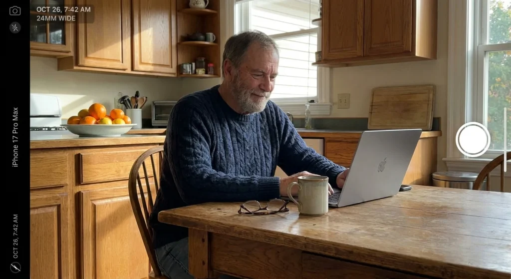 A senior man sitting comfortably at his kitchen table in the morning, successfully using a laptop to manage his retirement tasks.
