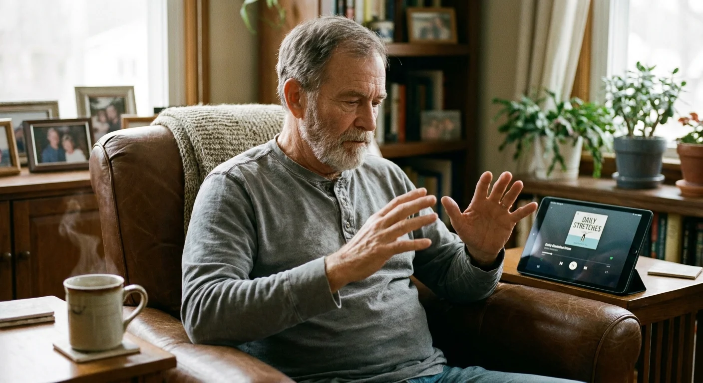 A senior man sitting in a comfortable living room armchair, preparing to do hand exercises during his morning coffee routine.