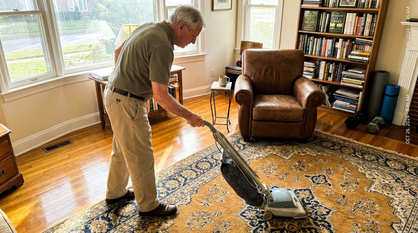 A senior man vacuums a patterned rug in a sunlit, cozy living room.
