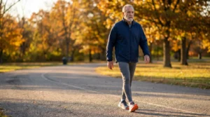 A senior man walks briskly along a park path during a golden sunset, symbolizing active aging and mobility.