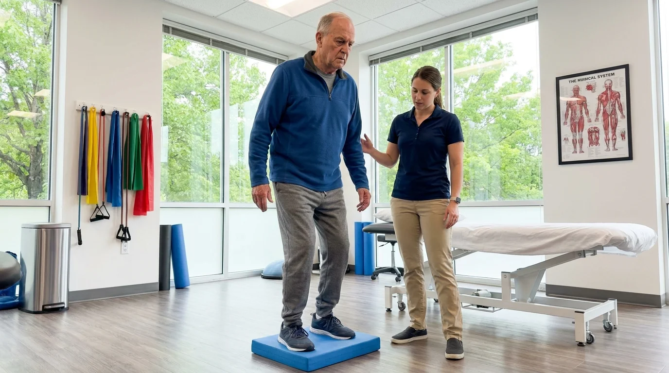 A senior man working with a physical therapist in a bright, professional clinic setting.