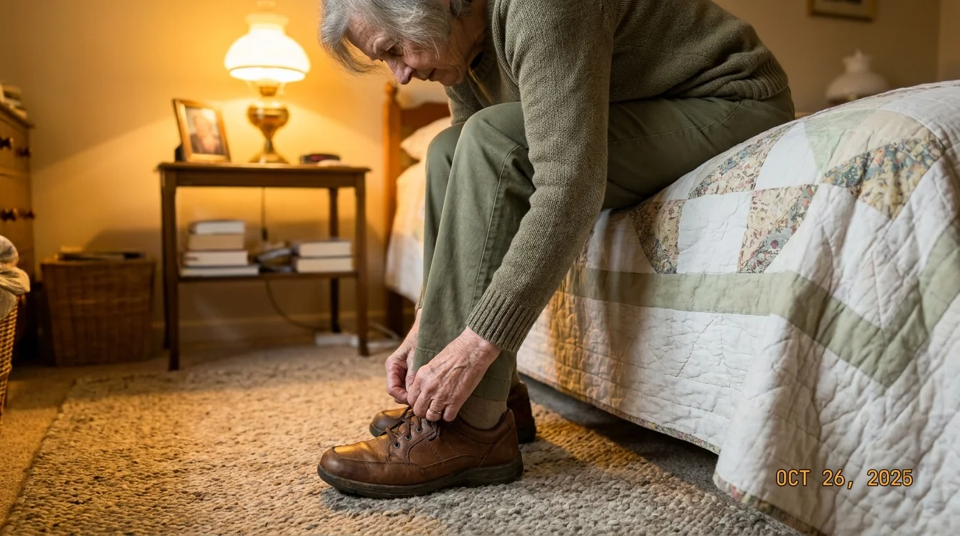 A senior sitting on the edge of a bed, hinging at the hips to reach down and tie their shoelaces.
