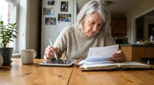 A senior woman at a kitchen table carefully managing her finances using a tablet and paper statements in a sunny, authentic home setting.