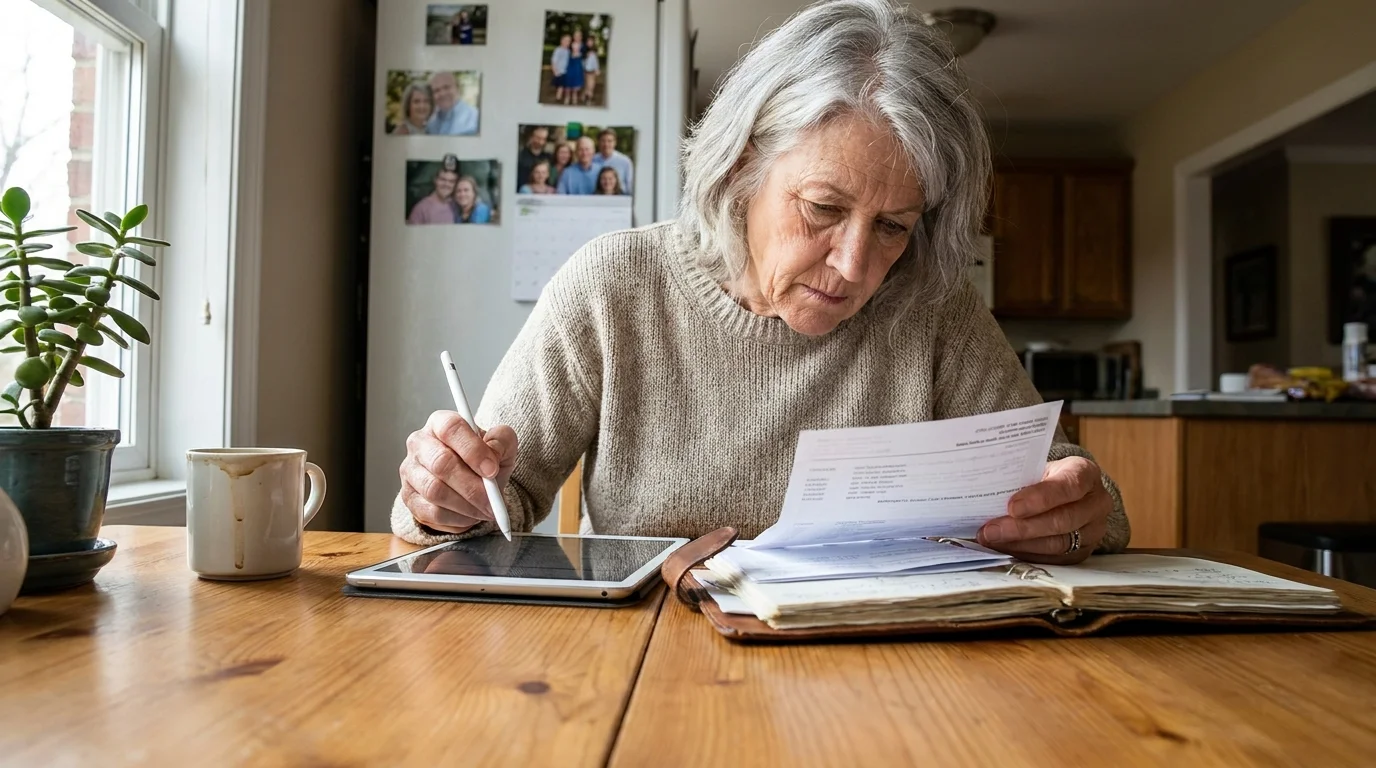 A senior woman at a kitchen table carefully managing her finances using a tablet and paper statements in a sunny, authentic home setting.